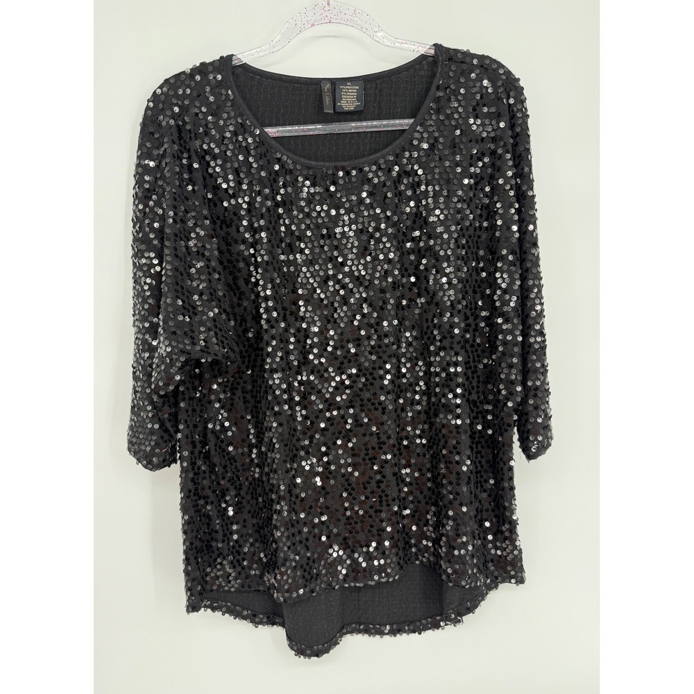 Nue Options Womens Black Sequin 3/4 Sleeve Scoop Neck High Low Blouse Top Sz XL